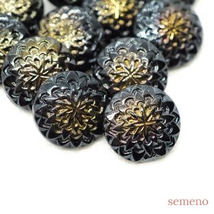 黒 菊デザイン 黄?緑ペイント チェコガラスボタン　ヴィンテージボタン