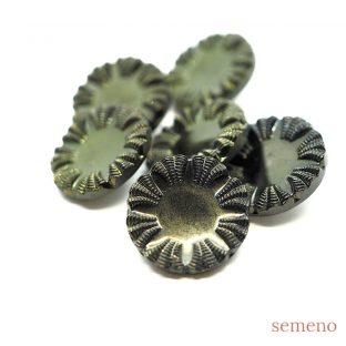 6pc オリーブグリーン　フリル風　鏡面仕上げ　チェコガラスボタン　ヴィンテージボタン