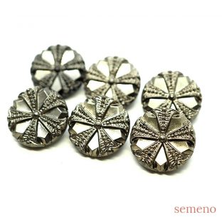 6pc シルバー　スノーフレークデザイン 　チェコガラスボタン　ヴィンテージボタン