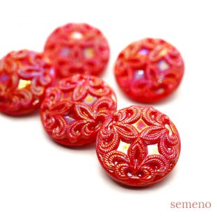 アウトレット品☆ 5pc  赤 アラベスク風デザイン オーロラ　チェコガラスボタン　ヴィンテージボタン
