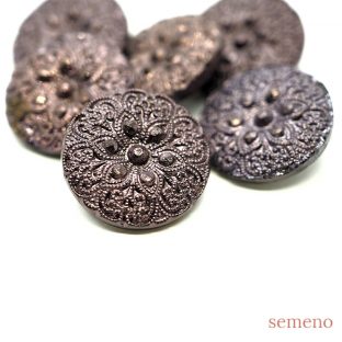 6pc ブロンズ　フラワーレース風　チェコガラスボタン　ヴィンテージボタン